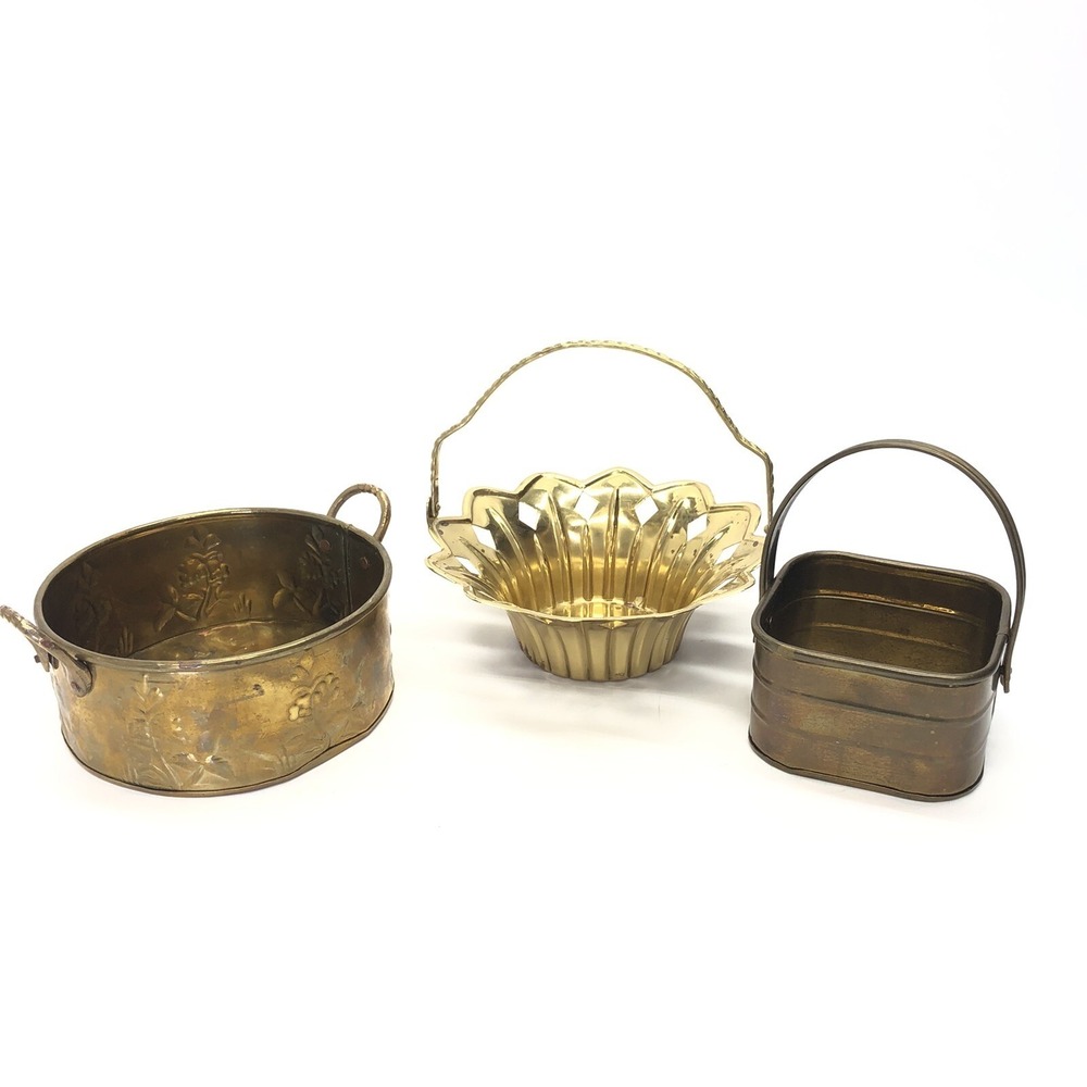 Vintage Brass Basket Planter Flower Pot Bucket Pail Spring Decor Boho Lot Bundle